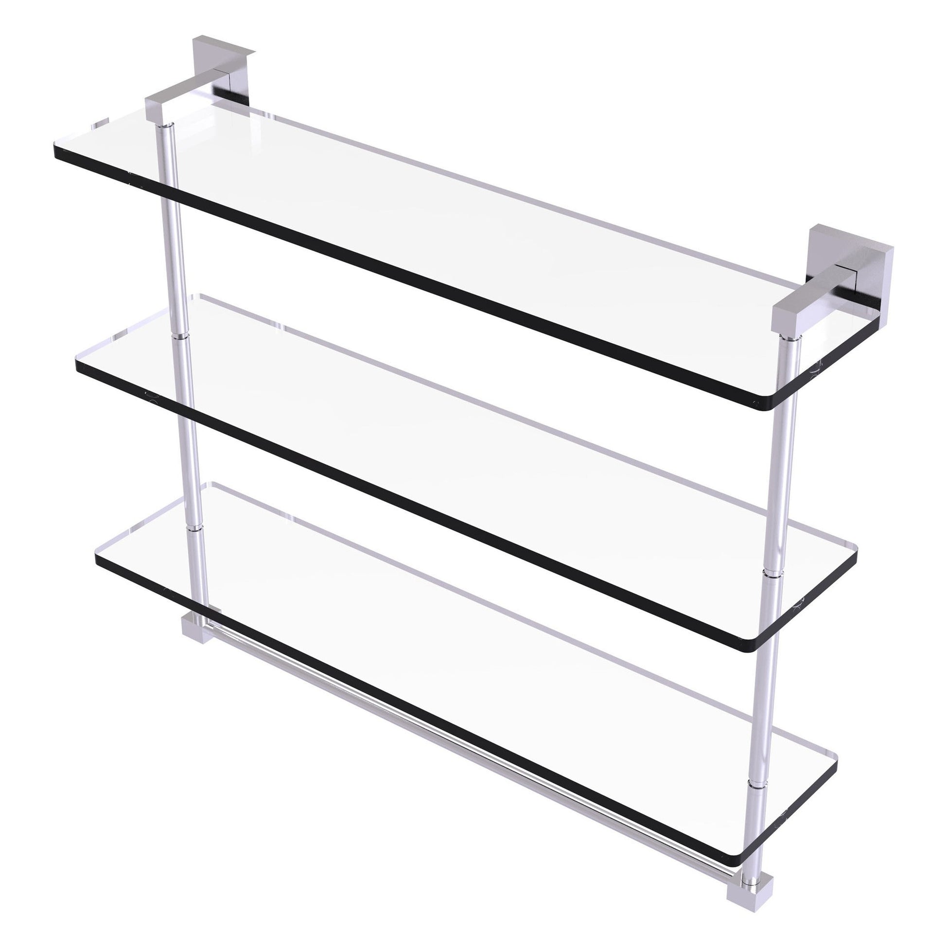 Allied Brass Montero 22" x 6.2" Satin Chrome Solid Brass Triple-Tiered Glass Shelf With Integrated Towel Bar