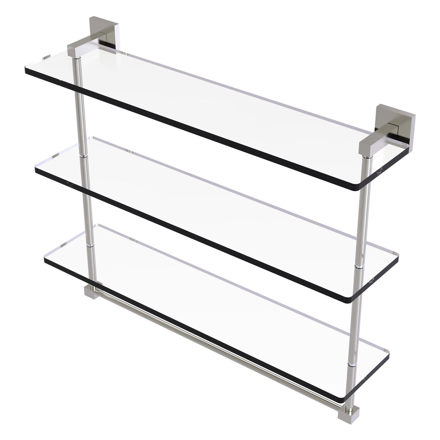 Allied Brass Montero 22" x 6.2" Satin Nickel Solid Brass Triple-Tiered Glass Shelf With Integrated Towel Bar