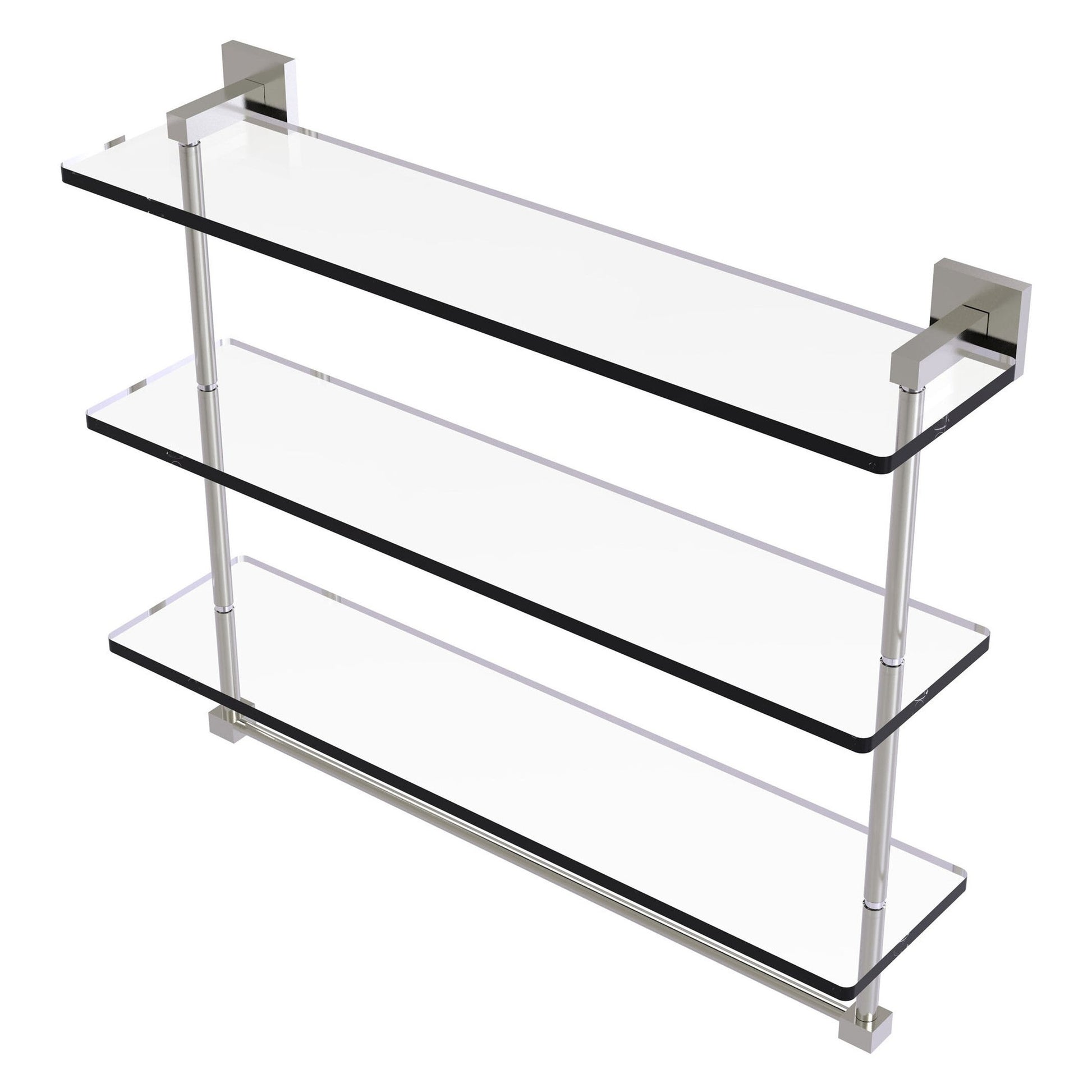 Allied Brass Montero 22" x 6.2" Satin Nickel Solid Brass Triple-Tiered Glass Shelf With Integrated Towel Bar