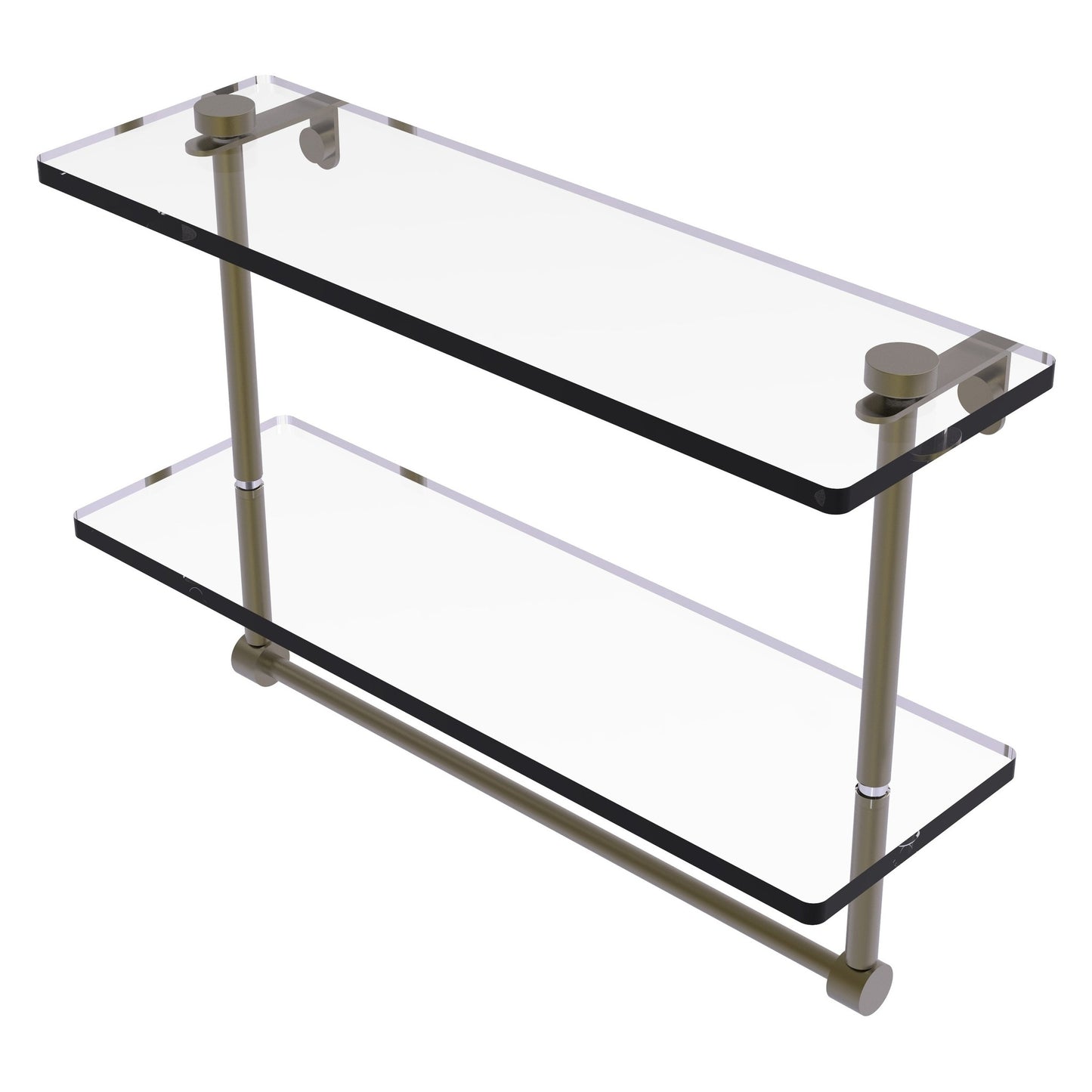 Allied Brass NS-2/16TB 16" x 5" Antique Brass Solid Brass Two-Tiered Glass Shelf With Integrated Towel Bar