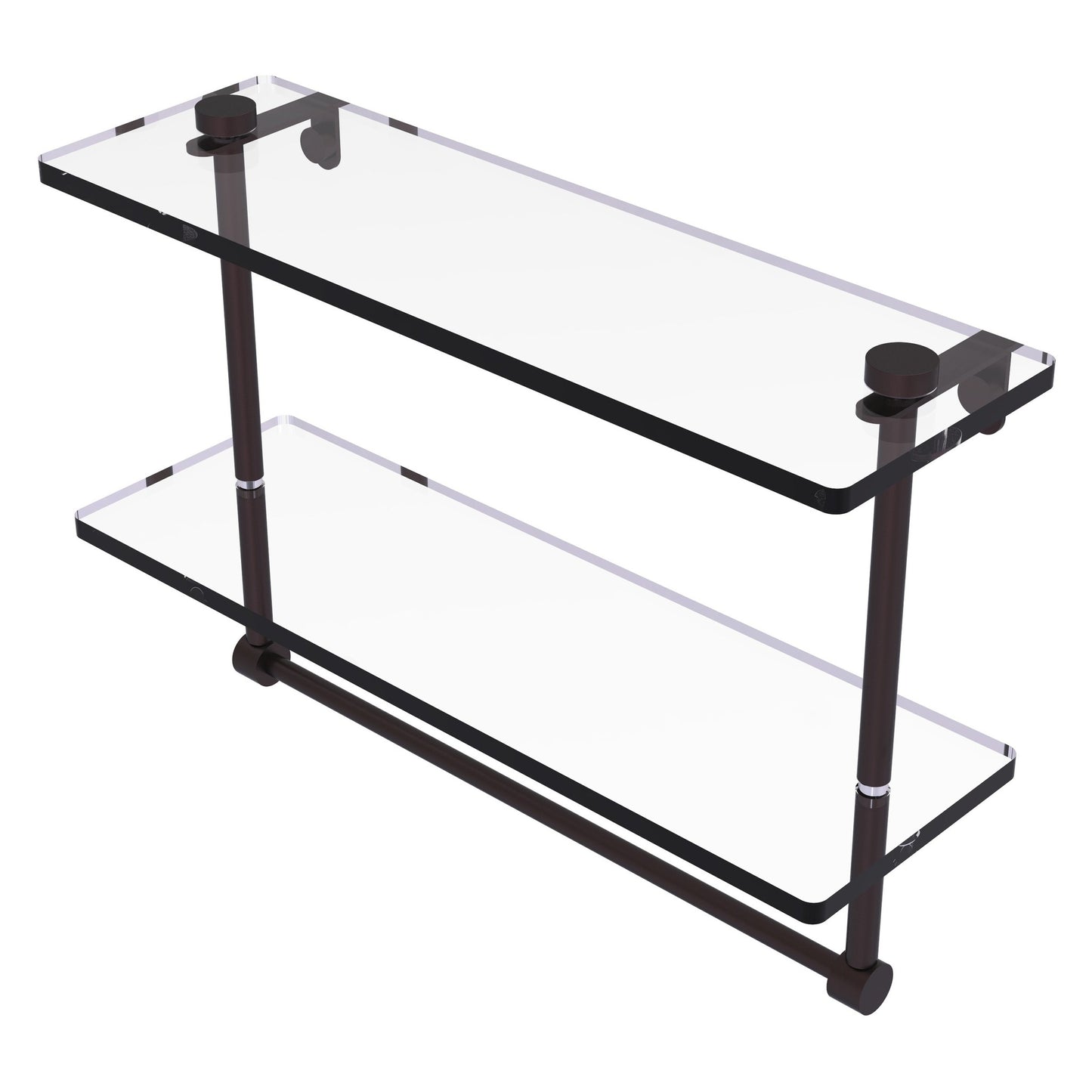 Allied Brass NS-2/16TB 16" x 5" Antique Bronze Solid Brass Two-Tiered Glass Shelf With Integrated Towel Bar