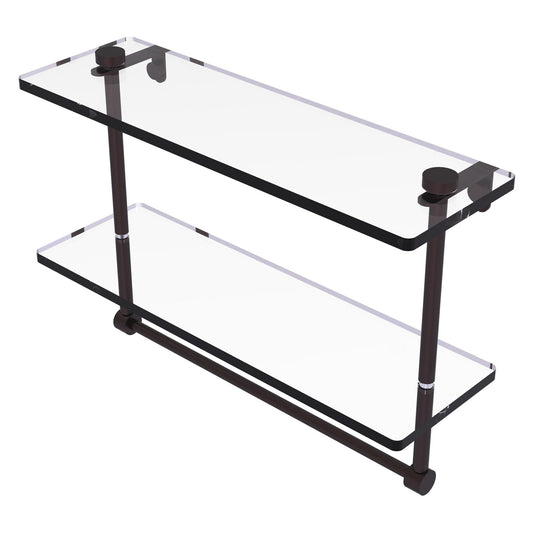Allied Brass NS-2/16TB 16" x 5" Antique Bronze Solid Brass Two-Tiered Glass Shelf With Integrated Towel Bar