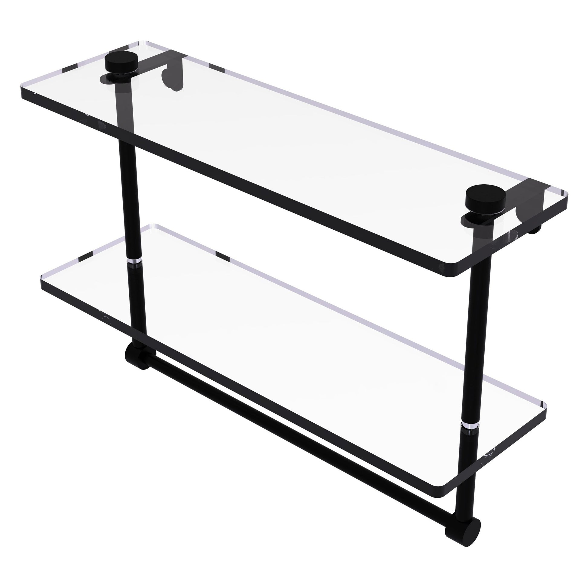 Allied Brass NS-2/16TB 16" x 5" Matte Black Solid Brass Two-Tiered Glass Shelf With Integrated Towel Bar