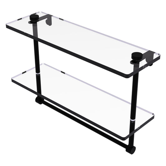 Allied Brass NS-2/16TB 16" x 5" Matte Black Solid Brass Two-Tiered Glass Shelf With Integrated Towel Bar