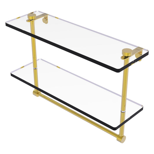 Allied Brass NS-2/16TB 16" x 5" Polished Brass Solid Brass Two-Tiered Glass Shelf With Integrated Towel Bar