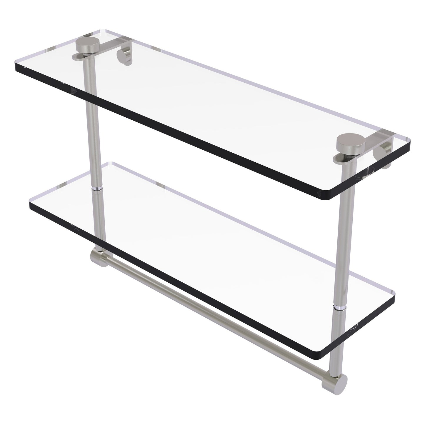Allied Brass NS-2/16TB 16" x 5" Satin Nickel Solid Brass Two-Tiered Glass Shelf With Integrated Towel Bar