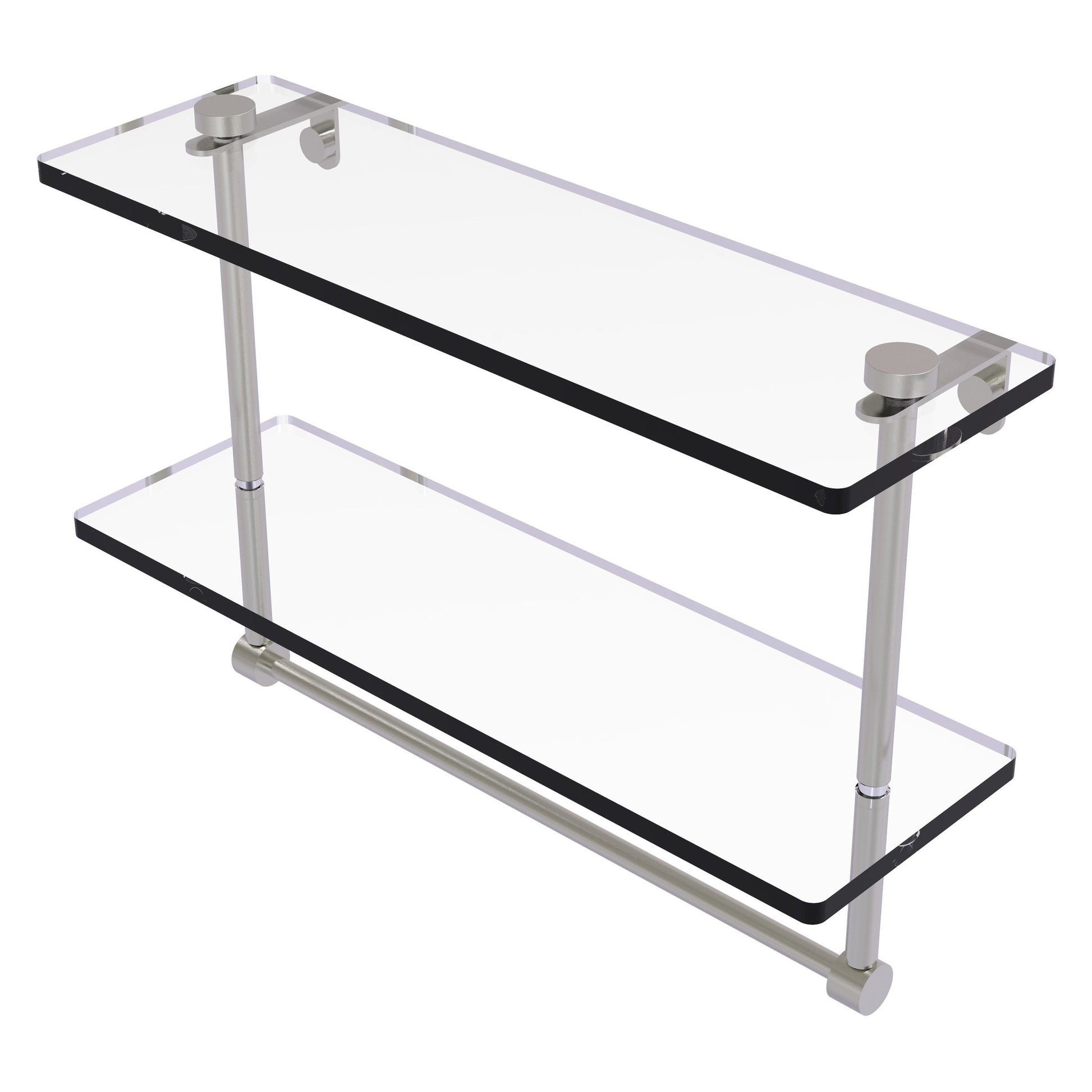 Allied Brass NS-2/16TB 16" x 5" Satin Nickel Solid Brass Two-Tiered Glass Shelf With Integrated Towel Bar