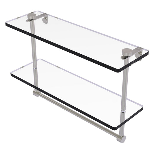 Allied Brass NS-2/16TB 16" x 5" Satin Nickel Solid Brass Two-Tiered Glass Shelf With Integrated Towel Bar