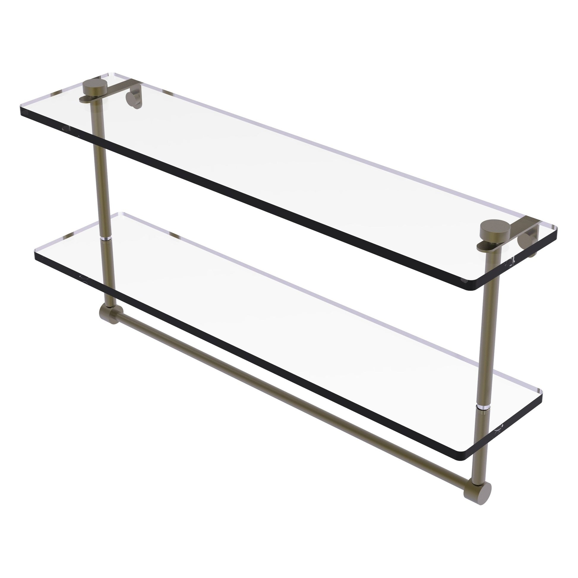 Allied Brass NS-2/22TB 22" x 5" Antique Brass Solid Brass Two-Tiered Glass Shelf With Integrated Towel Bar