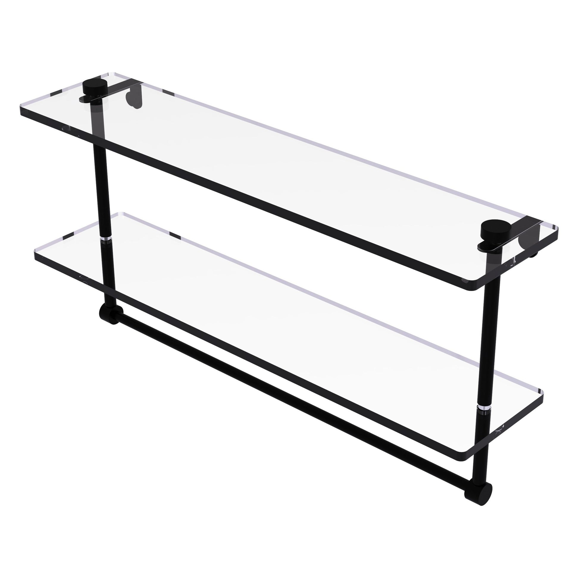 Allied Brass NS-2/22TB 22" x 5" Matte Black Solid Brass Two-Tiered Glass Shelf With Integrated Towel Bar