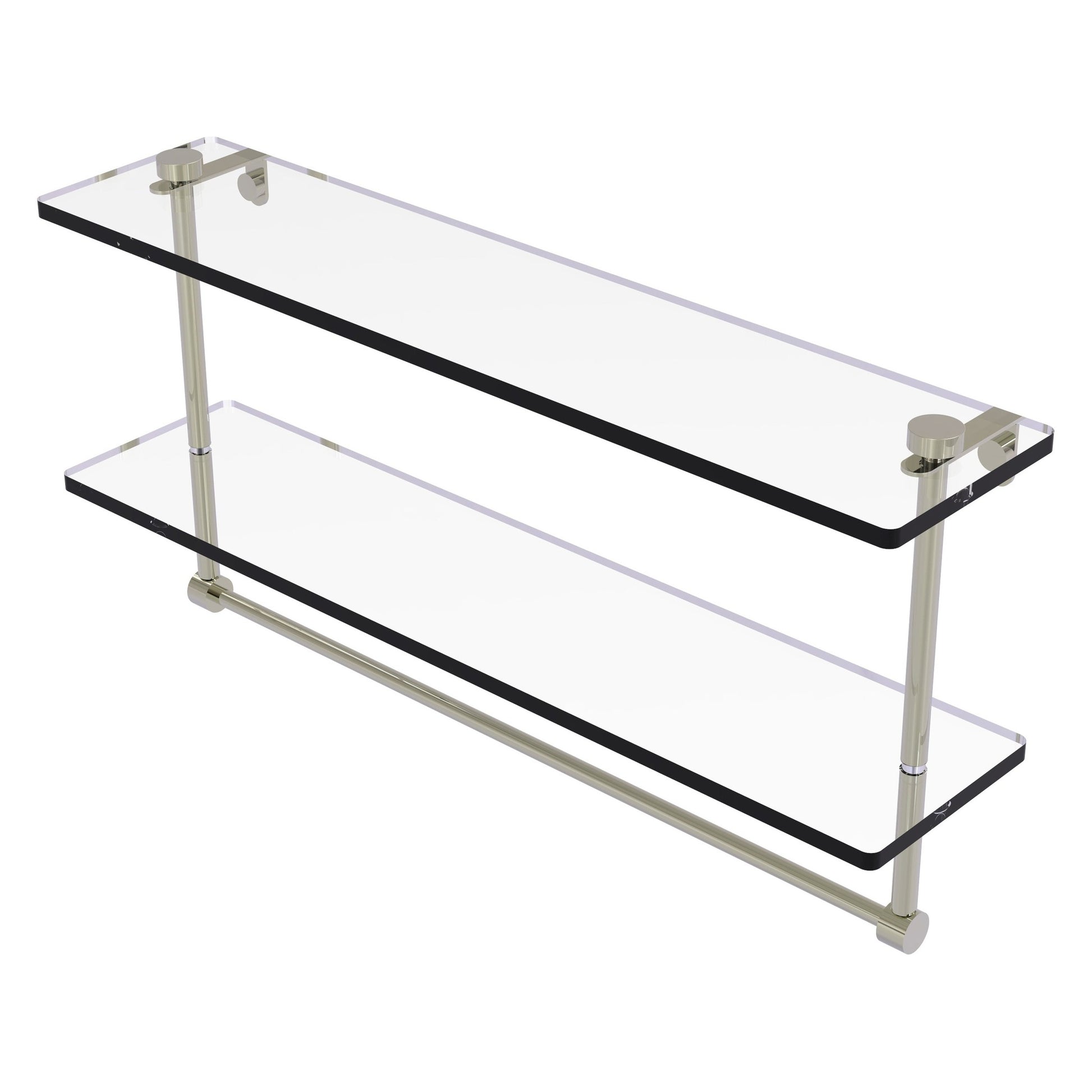 Allied Brass NS-2/22TB 22" x 5" Polished Nickel Solid Brass Two-Tiered Glass Shelf With Integrated Towel Bar