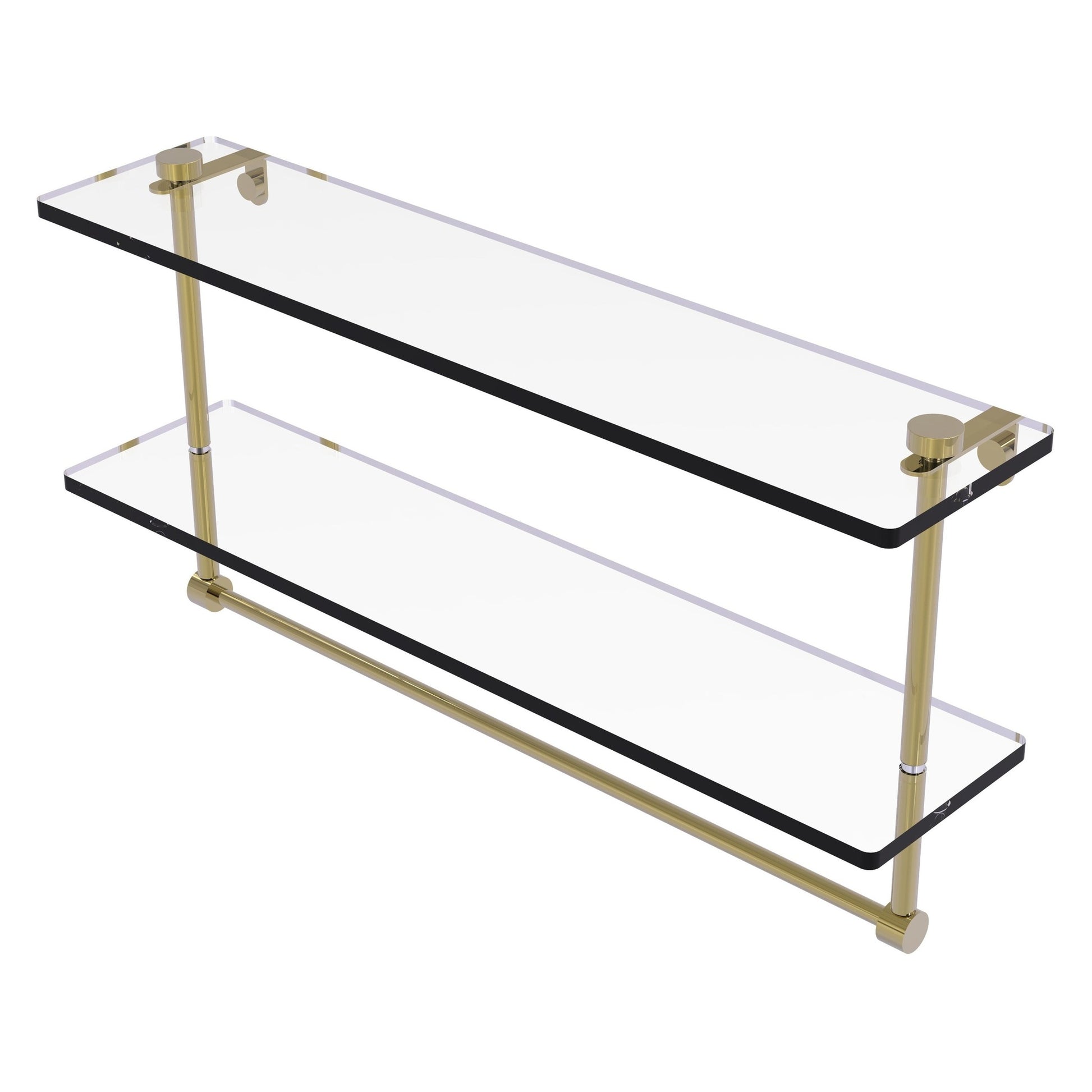 Allied Brass NS-2/22TB 22" x 5" Unlacquered Brass Solid Brass Two-Tiered Glass Shelf With Integrated Towel Bar