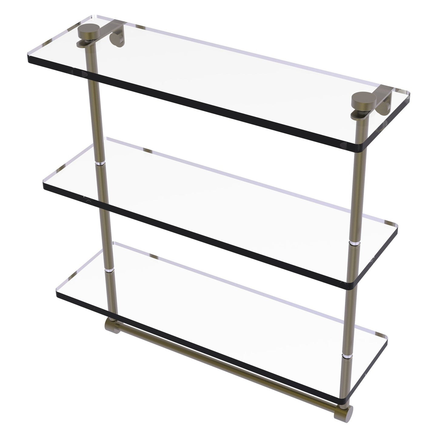 Allied Brass NS-5/16TB 16" x 5" Antique Brass Solid Brass Triple-Tiered Glass Shelf With Integrated Towel Bar