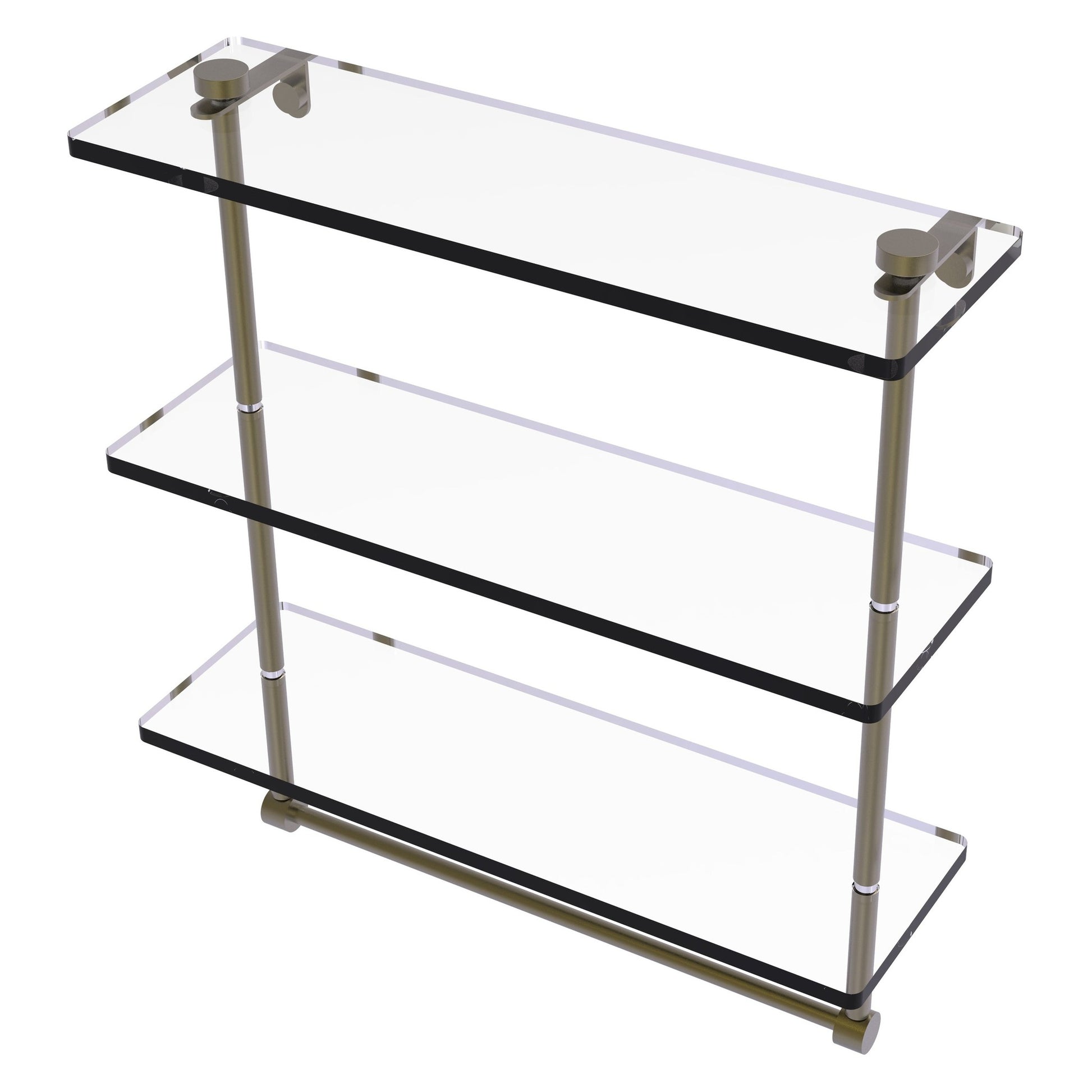 Allied Brass NS-5/16TB 16" x 5" Antique Brass Solid Brass Triple-Tiered Glass Shelf With Integrated Towel Bar
