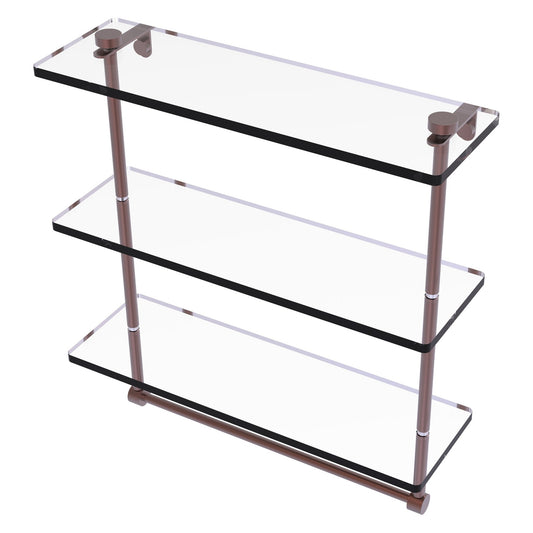 Allied Brass NS-5/16TB 16" x 5" Antique Copper Solid Brass Triple-Tiered Glass Shelf With Integrated Towel Bar