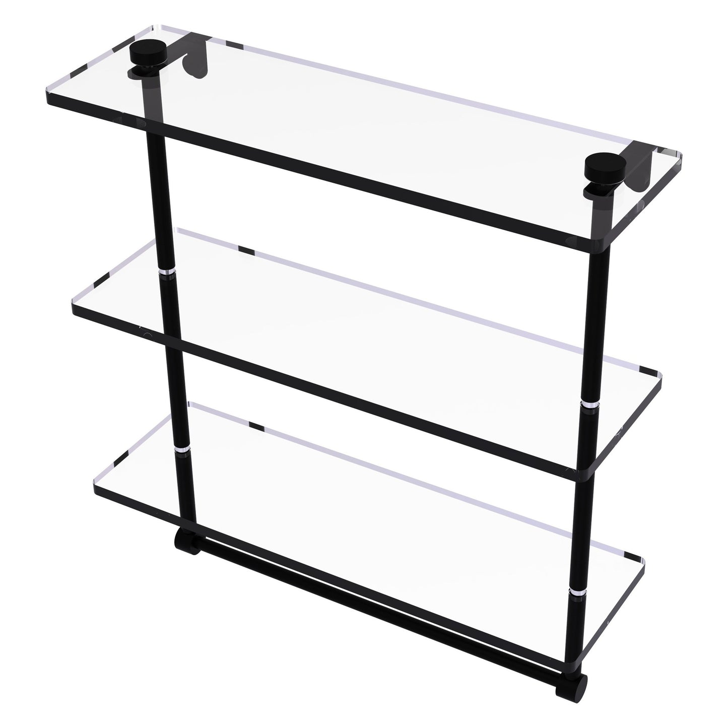 Allied Brass NS-5/16TB 16" x 5" Matte Black Solid Brass Triple-Tiered Glass Shelf With Integrated Towel Bar