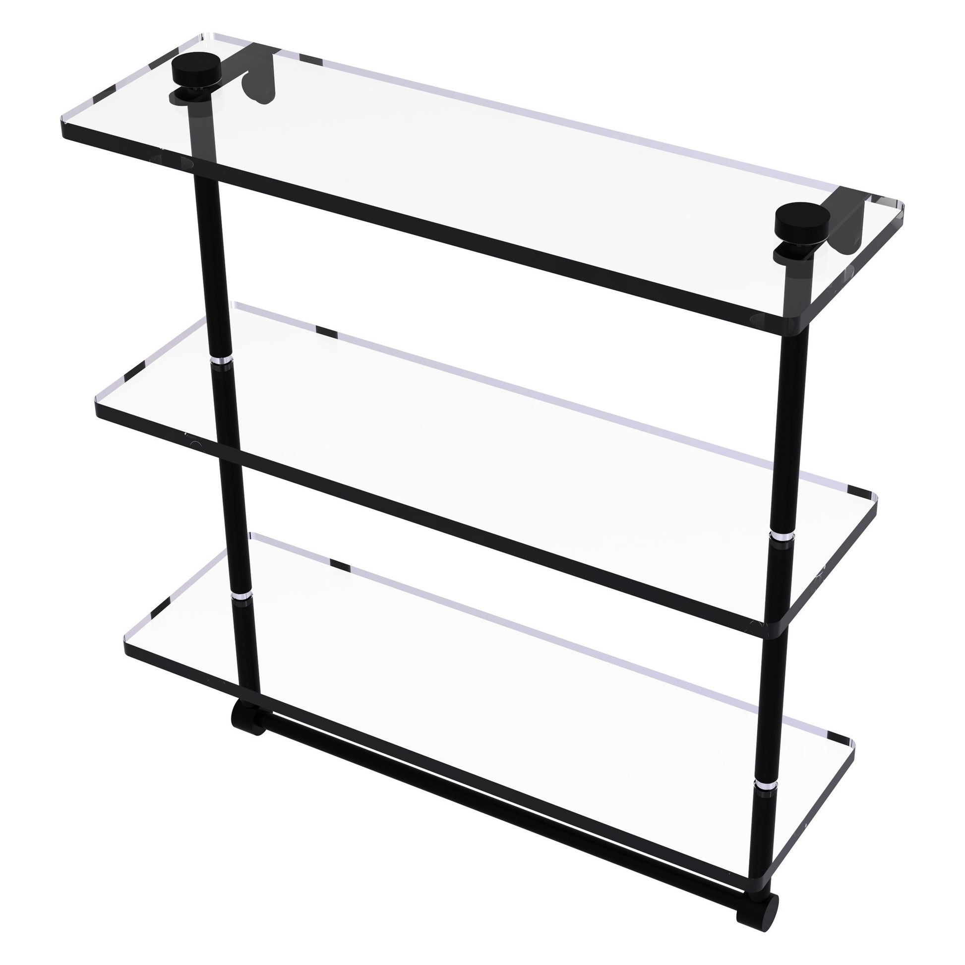 Allied Brass NS-5/16TB 16" x 5" Matte Black Solid Brass Triple-Tiered Glass Shelf With Integrated Towel Bar