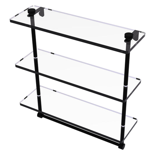 Allied Brass NS-5/16TB 16" x 5" Matte Black Solid Brass Triple-Tiered Glass Shelf With Integrated Towel Bar