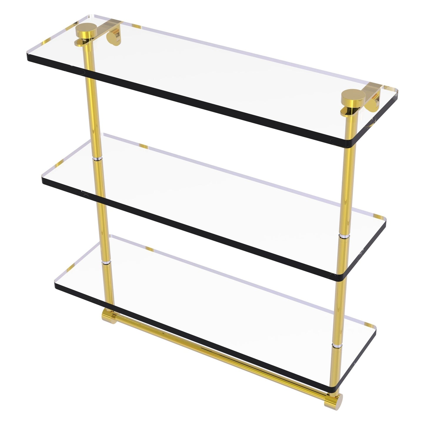 Allied Brass NS-5/16TB 16" x 5" Polished Brass Solid Brass Triple-Tiered Glass Shelf With Integrated Towel Bar