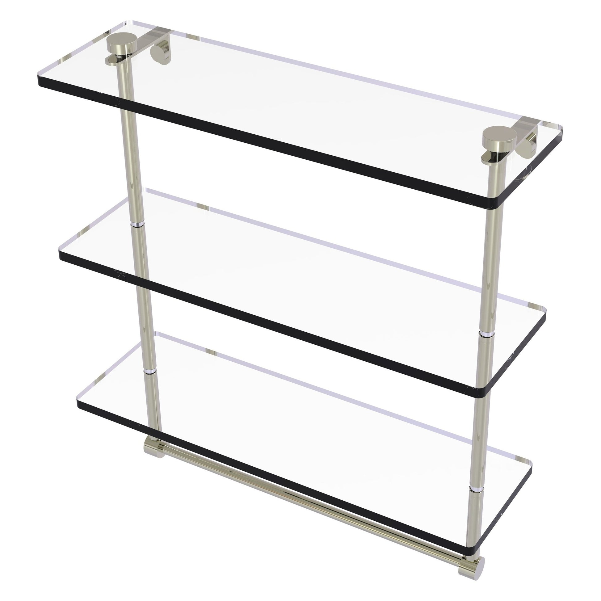 Allied Brass NS-5/16TB 16" x 5" Polished Nickel Solid Brass Triple-Tiered Glass Shelf With Integrated Towel Bar