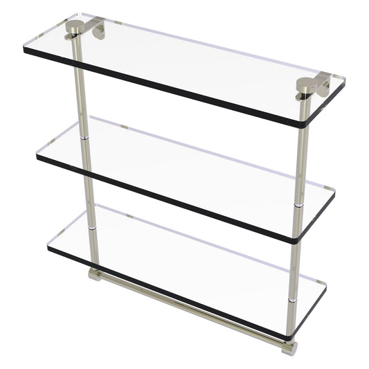 Allied Brass NS-5/16TB 16" x 5" Polished Nickel Solid Brass Triple-Tiered Glass Shelf With Integrated Towel Bar