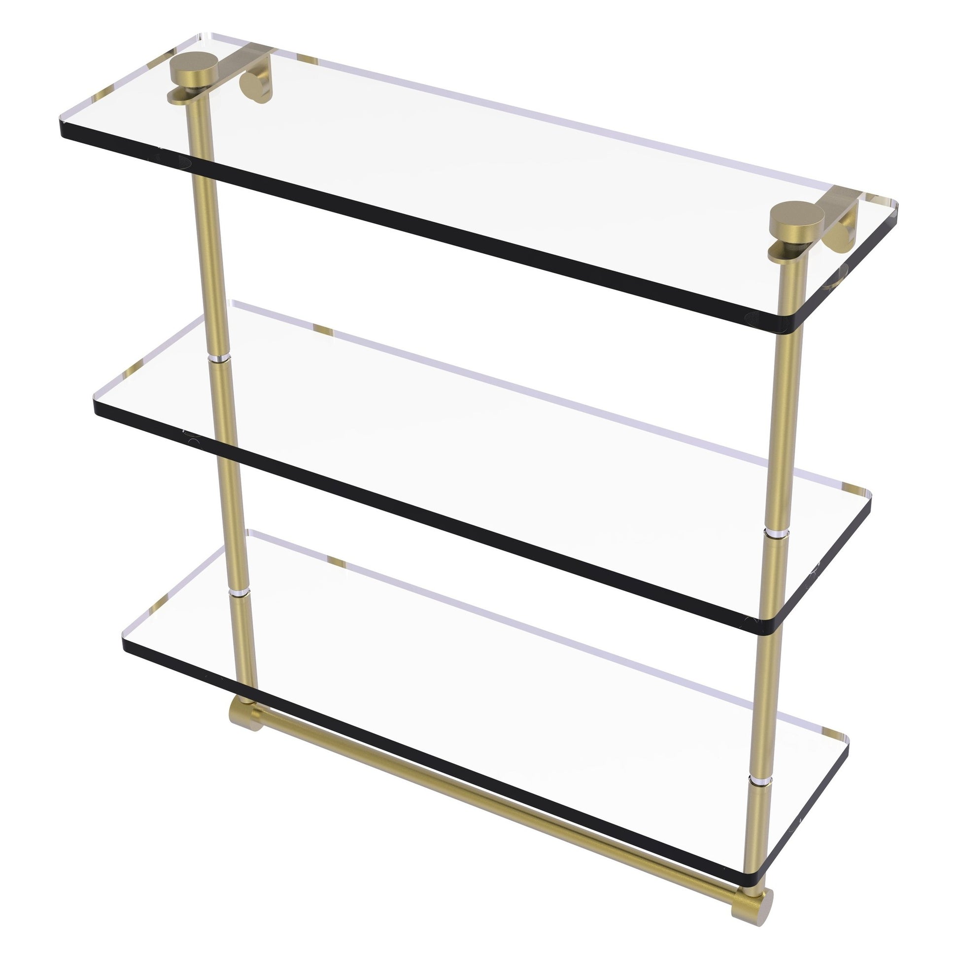 Allied Brass NS-5/16TB 16" x 5" Satin Brass Solid Brass Triple-Tiered Glass Shelf With Integrated Towel Bar