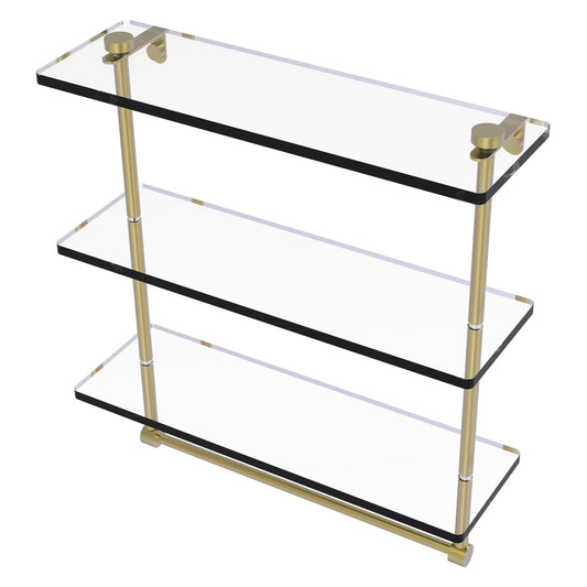 Allied Brass NS-5/16TB 16" x 5" Satin Brass Solid Brass Triple-Tiered Glass Shelf With Integrated Towel Bar