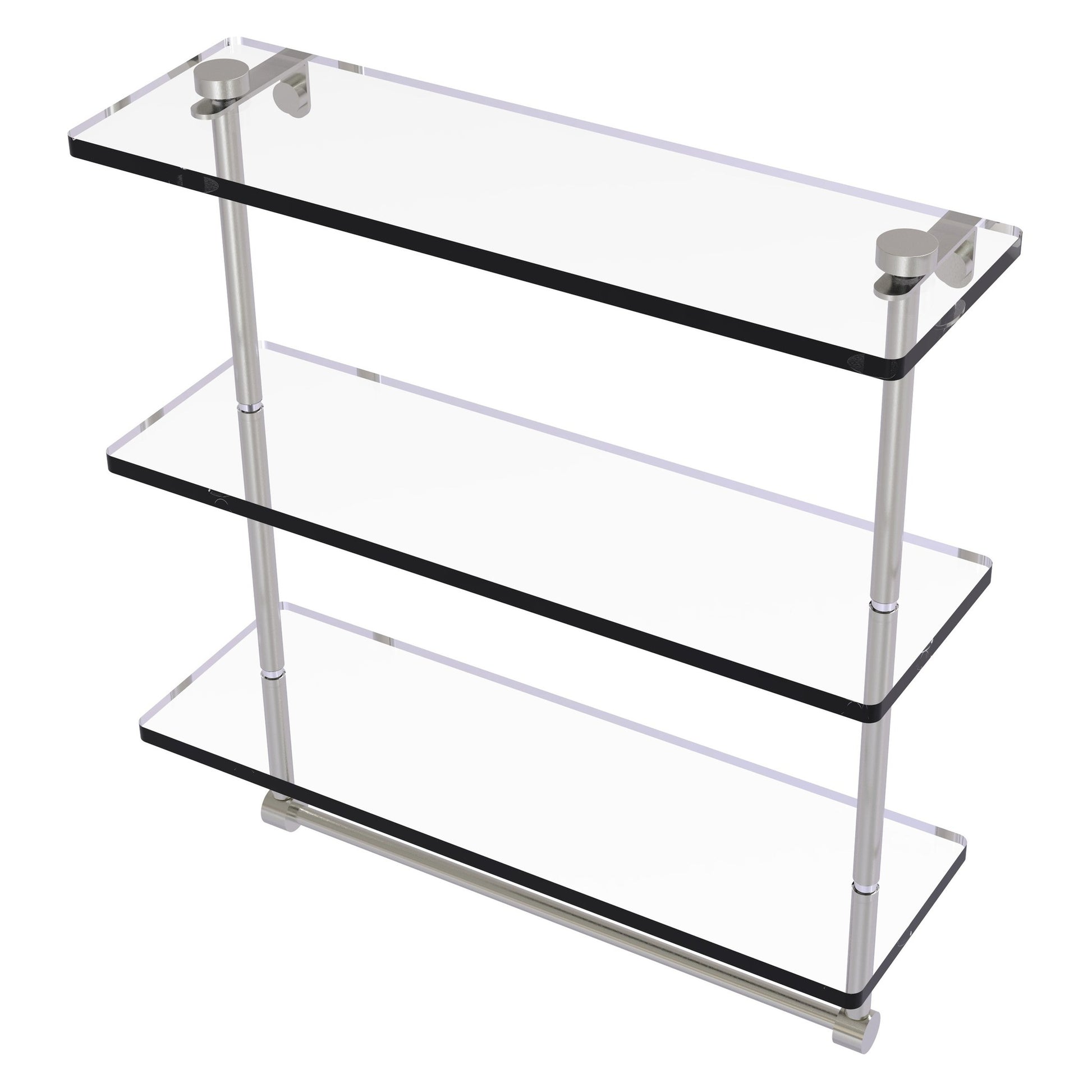 Allied Brass NS-5/16TB 16" x 5" Satin Nickel Solid Brass Triple-Tiered Glass Shelf With Integrated Towel Bar