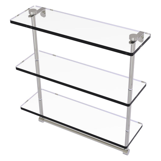 Allied Brass NS-5/16TB 16" x 5" Satin Nickel Solid Brass Triple-Tiered Glass Shelf With Integrated Towel Bar