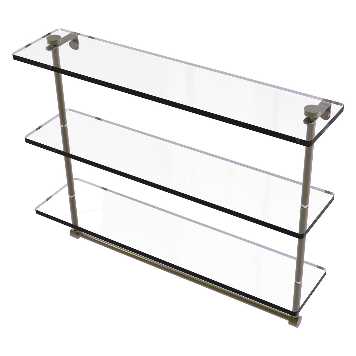 Allied Brass NS-5/22TB 22" x 5" Antique Brass Solid Brass Triple-Tiered Glass Shelf With Integrated Towel Bar