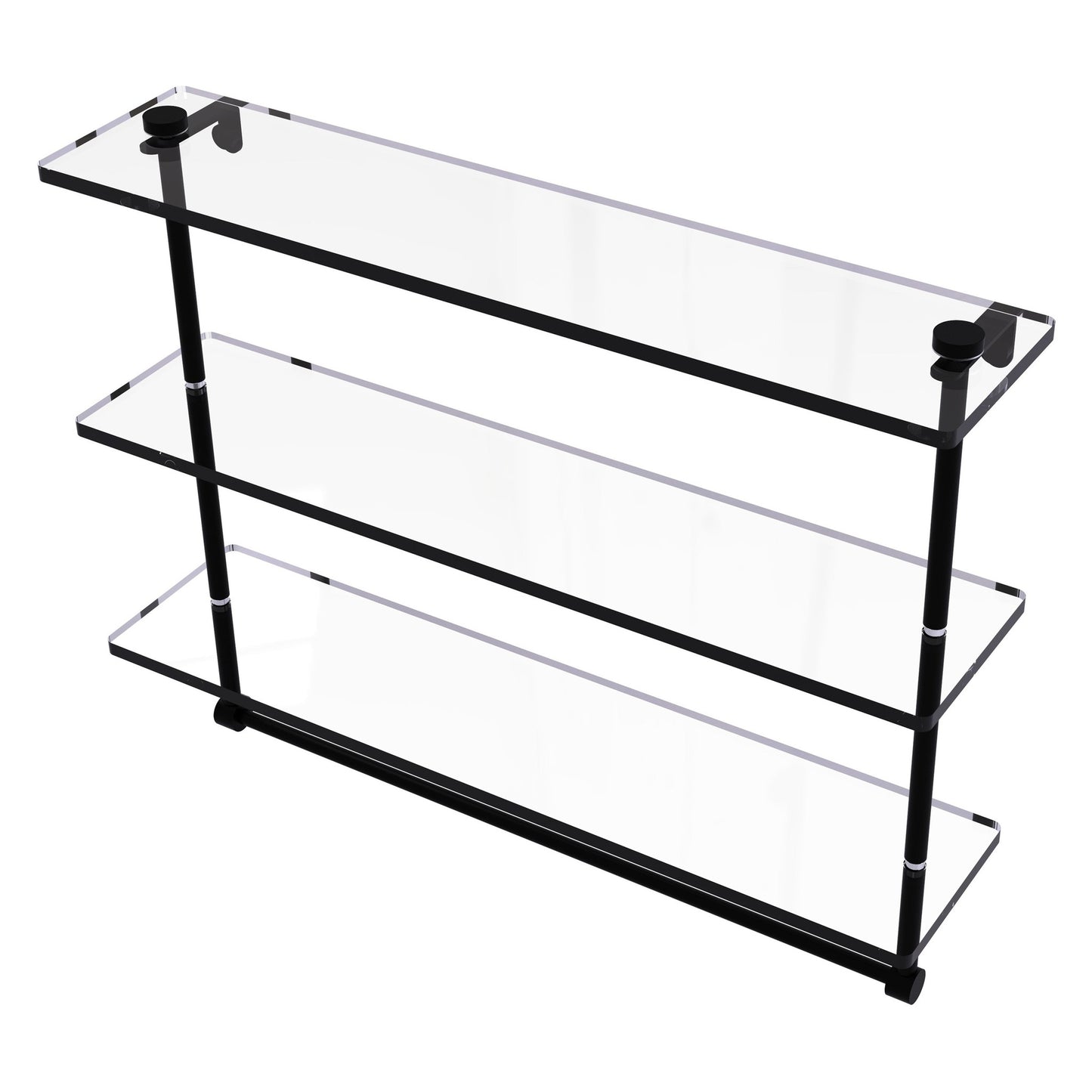 Allied Brass NS-5/22TB 22" x 5" Matte Black Solid Brass Triple-Tiered Glass Shelf With Integrated Towel Bar