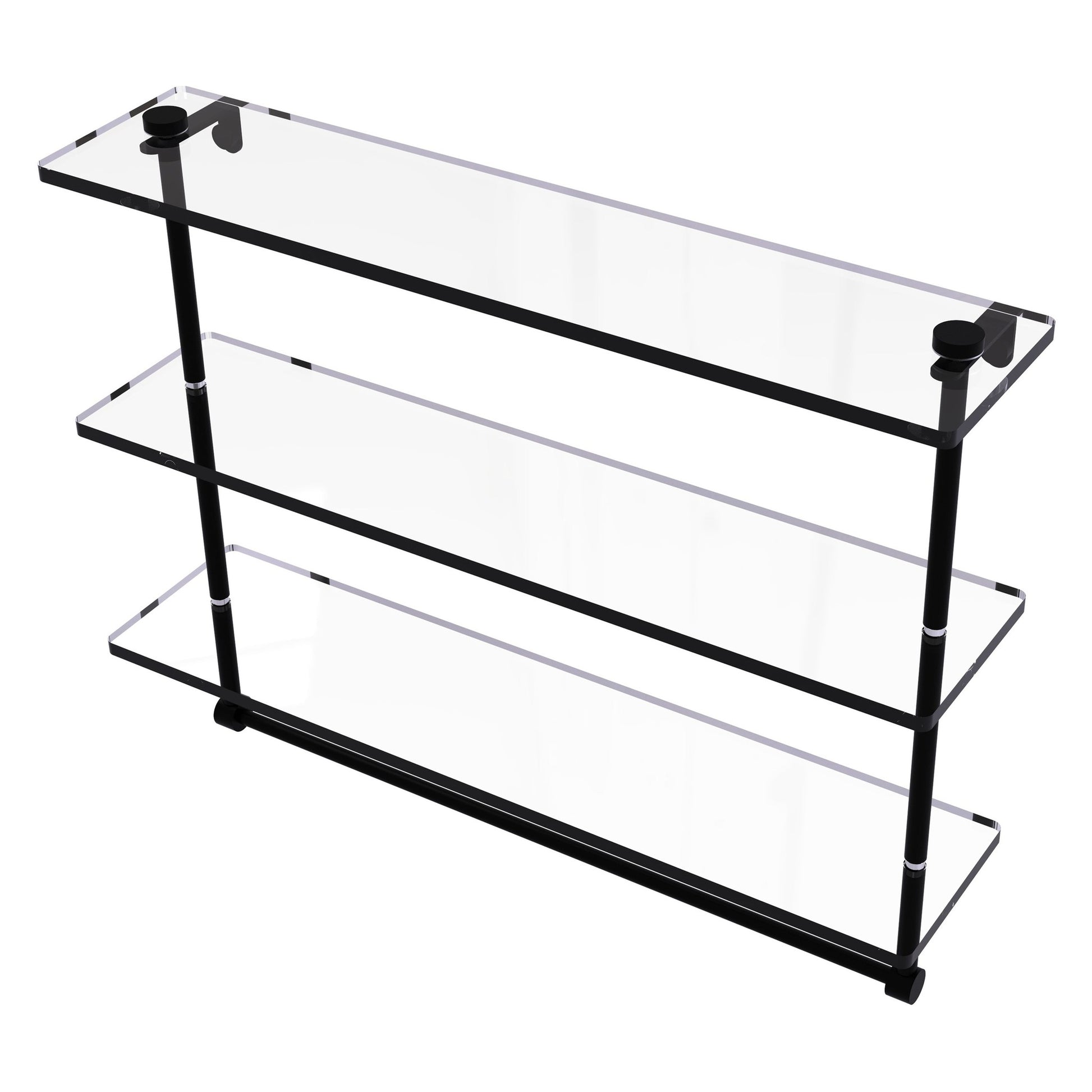 Allied Brass NS-5/22TB 22" x 5" Matte Black Solid Brass Triple-Tiered Glass Shelf With Integrated Towel Bar