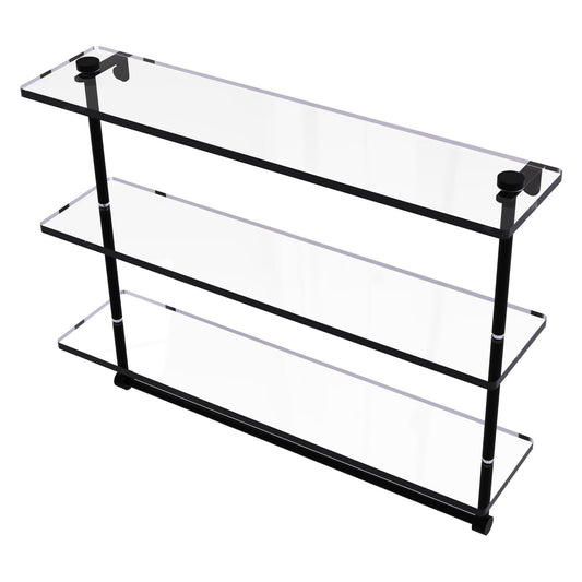 Allied Brass NS-5/22TB 22" x 5" Matte Black Solid Brass Triple-Tiered Glass Shelf With Integrated Towel Bar