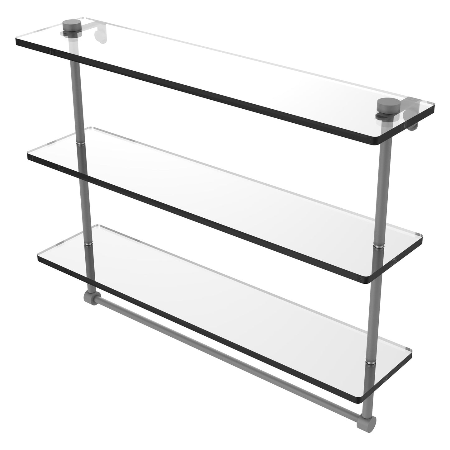 Allied Brass NS-5/22TB 22" x 5" Matte Gray Solid Brass Triple-Tiered Glass Shelf With Integrated Towel Bar