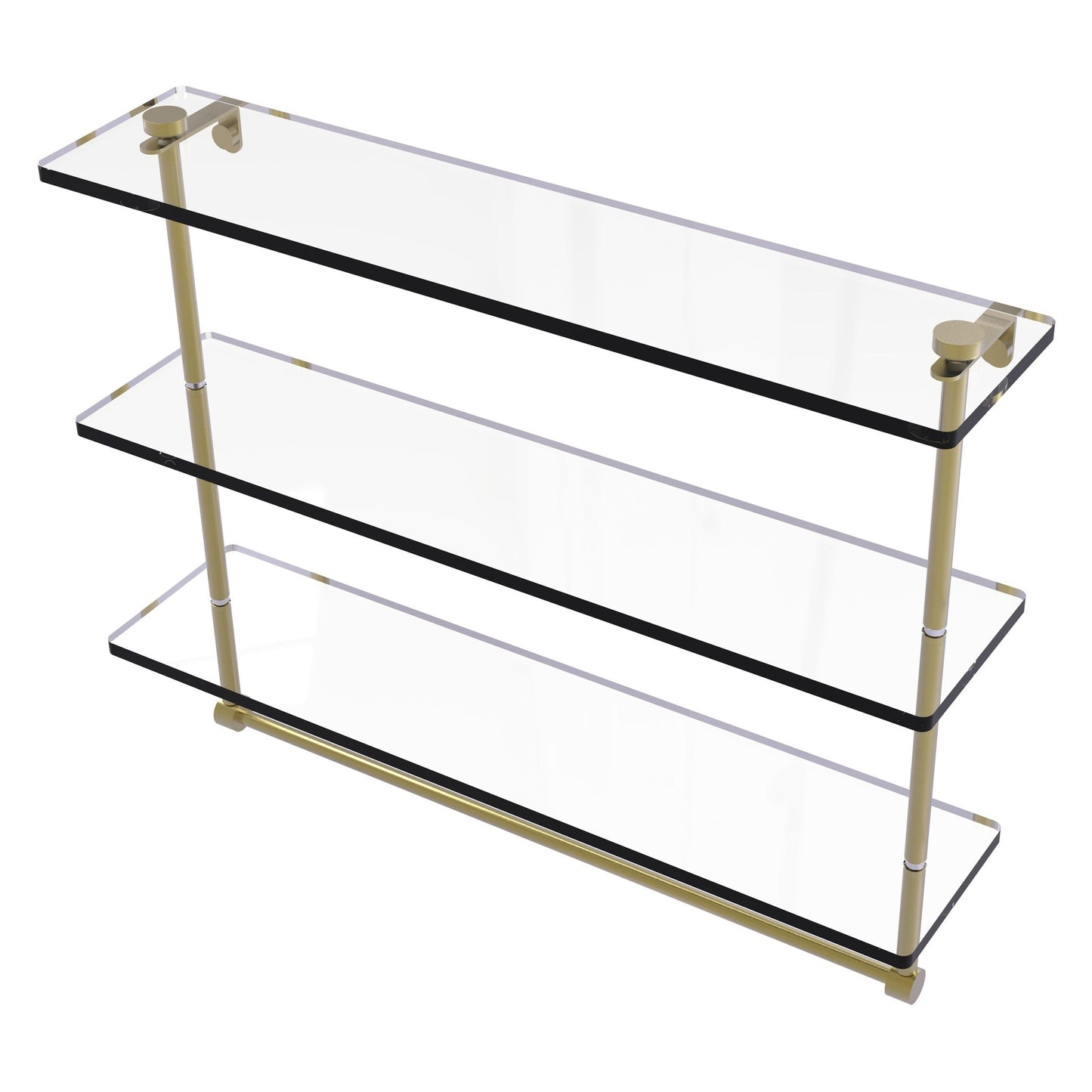 Allied Brass NS-5/22TB 22" x 5" Satin Brass Solid Brass Triple-Tiered Glass Shelf With Integrated Towel Bar