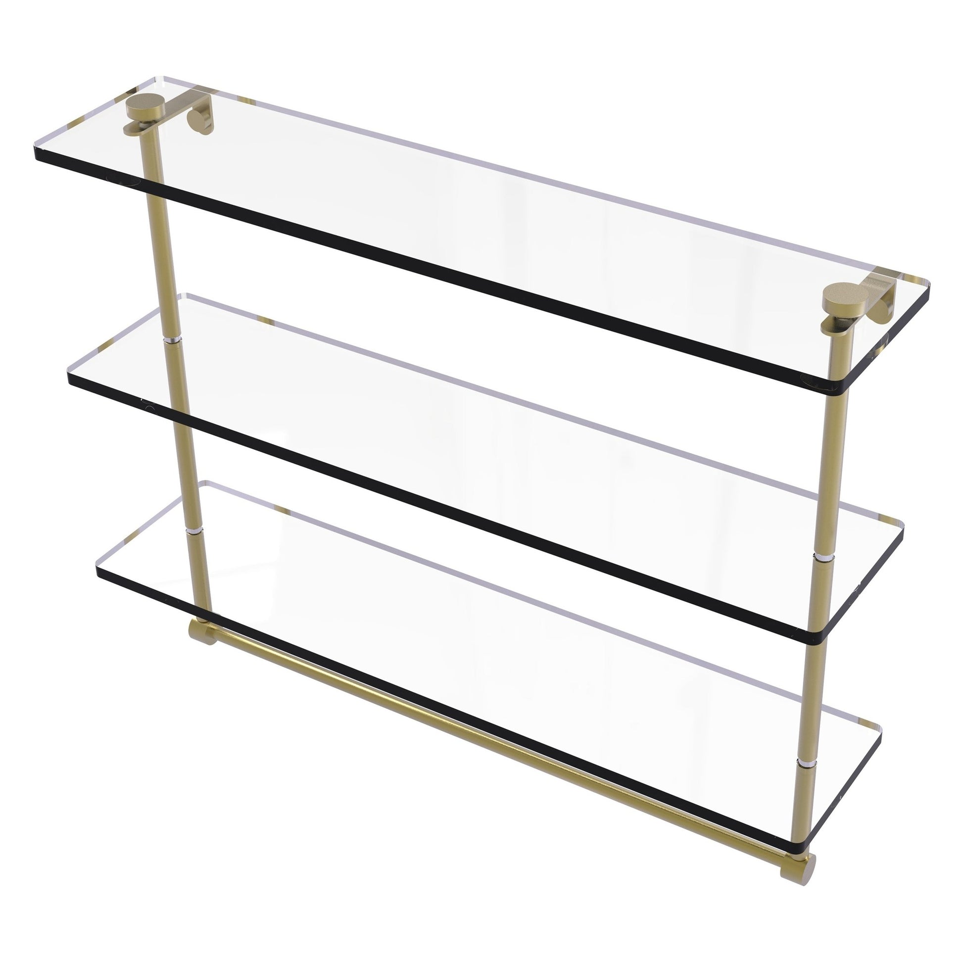 Allied Brass NS-5/22TB 22" x 5" Satin Brass Solid Brass Triple-Tiered Glass Shelf With Integrated Towel Bar