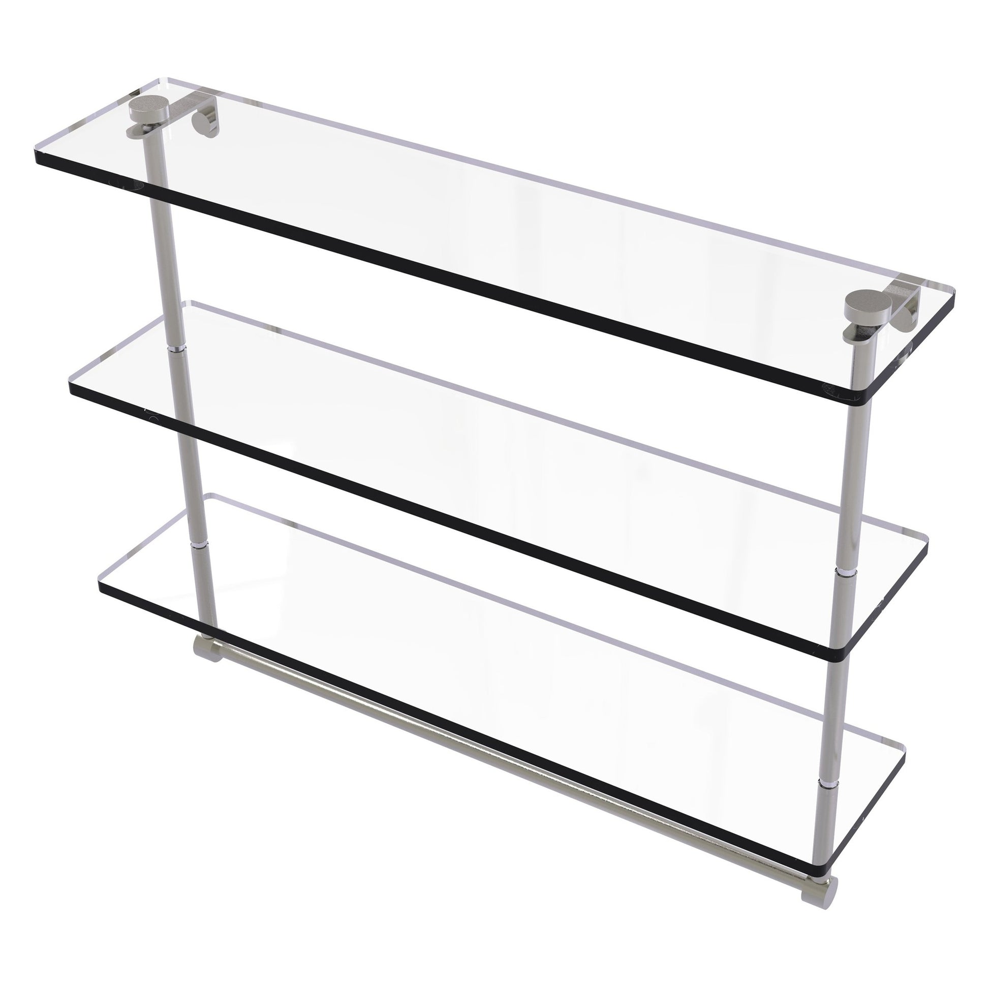 Allied Brass NS-5/22TB 22" x 5" Satin Nickel Solid Brass Triple-Tiered Glass Shelf With Integrated Towel Bar