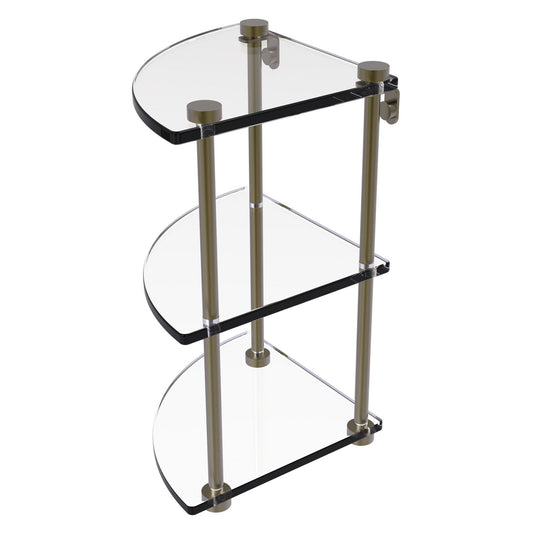 Allied Brass NS-6 8" x 8" Antique Brass Solid Brass Three-Tiered Corner Glass Shelf