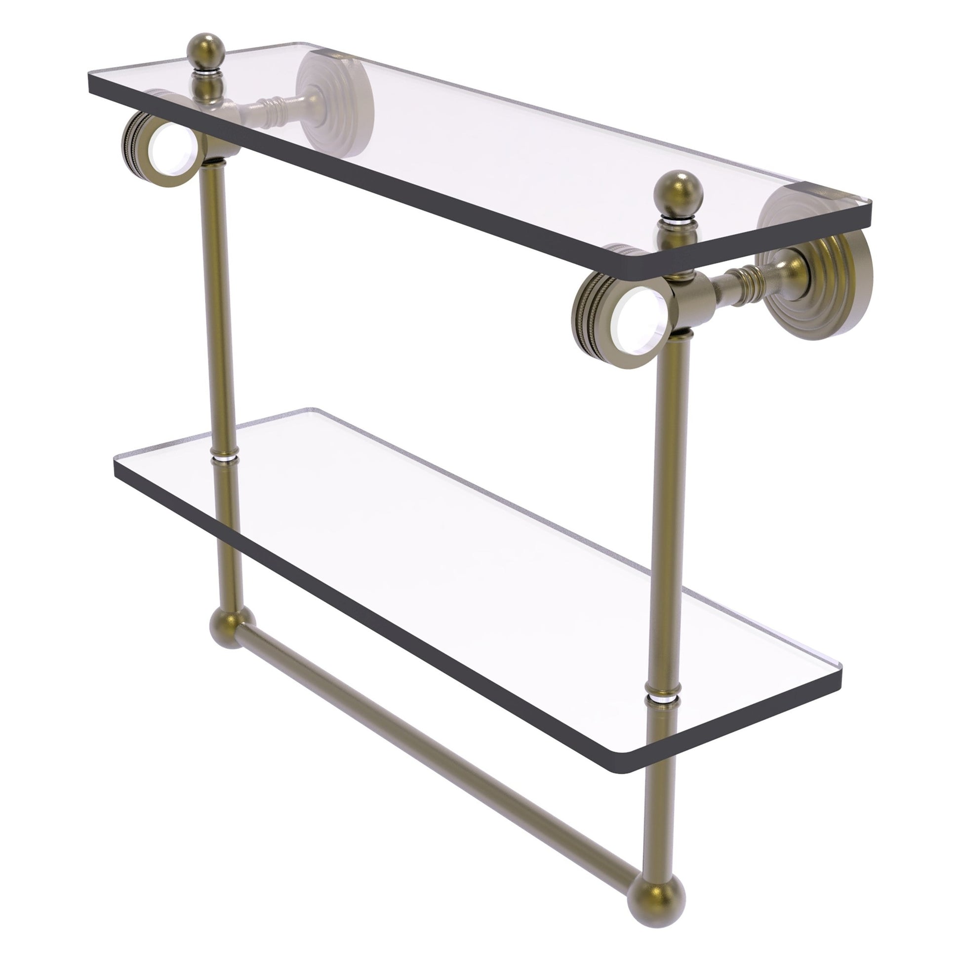 Allied Brass Pacific Grove 16" x 5.125" Antique Brass Solid Brass Double Glass Shelf With Towel Bar and Dotted Accents
