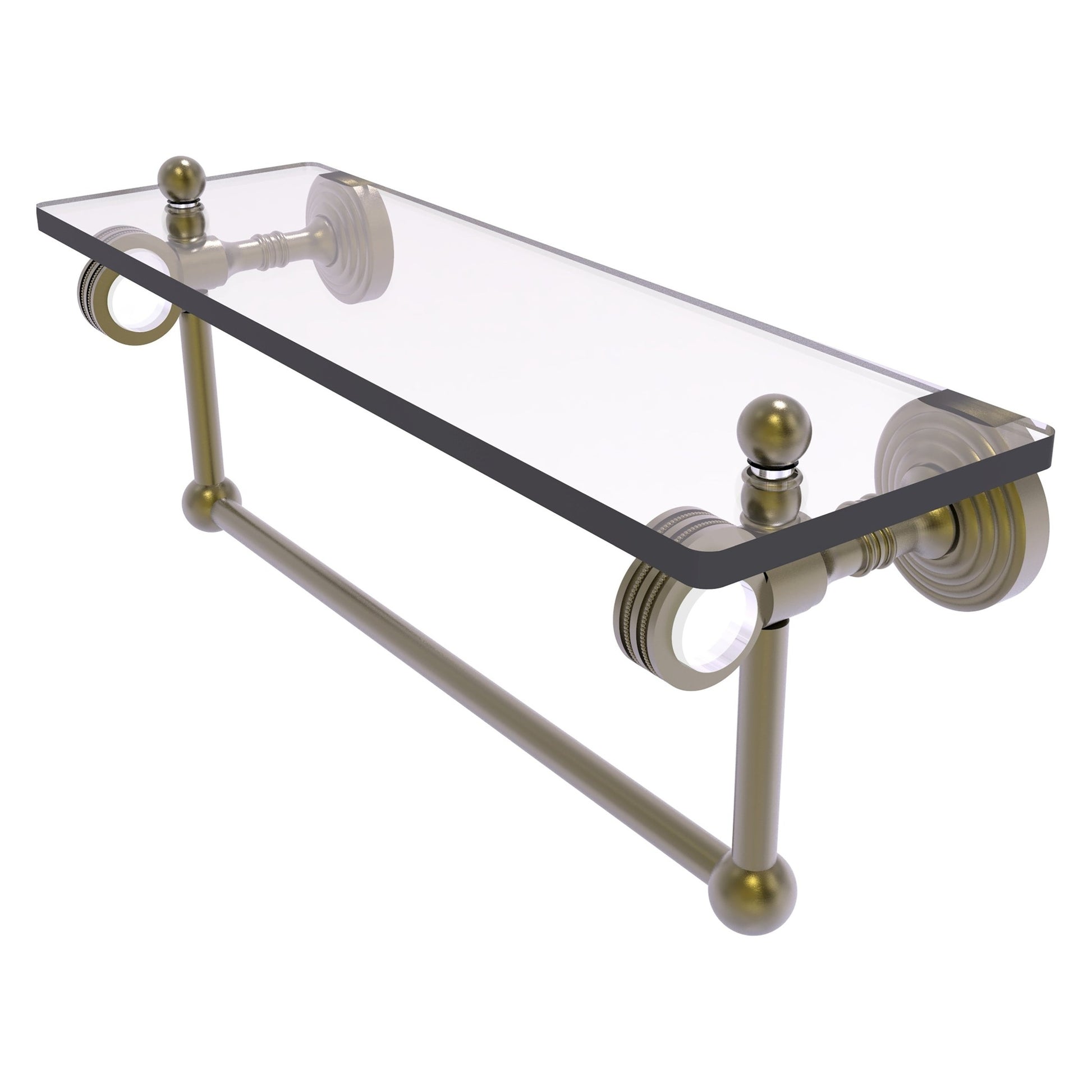 Allied Brass Pacific Grove 16" x 5.125" Antique Brass Solid Brass Glass Shelf With Towel Bar and Dotted Accents