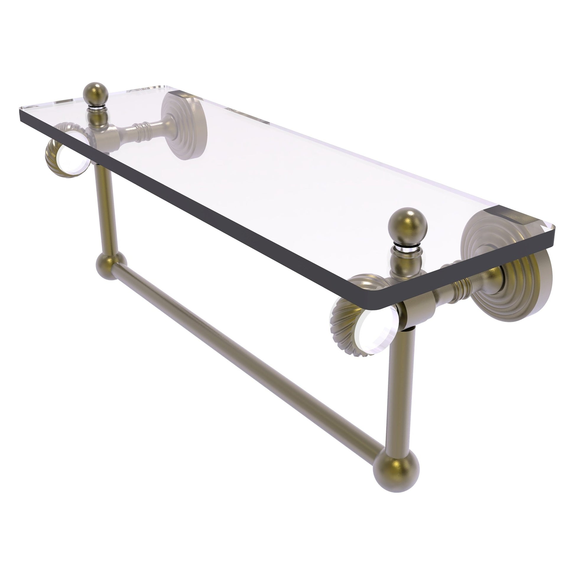 Allied Brass Pacific Grove 16" x 5.125" Antique Brass Solid Brass Glass Shelf With Towel Bar and Twisted Accents