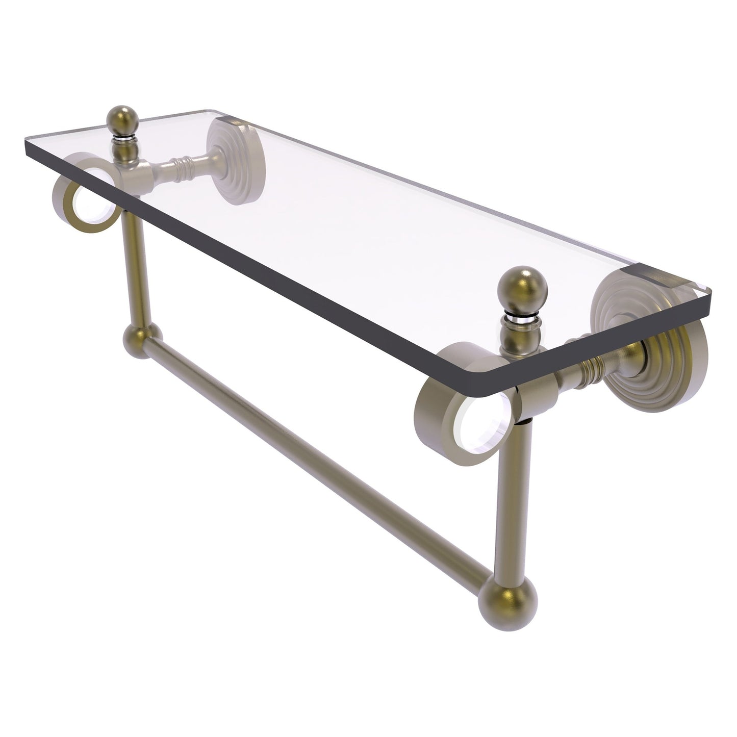 Allied Brass Pacific Grove 16" x 5.125" Antique Brass Solid Brass Glass Shelf With Towel Bar