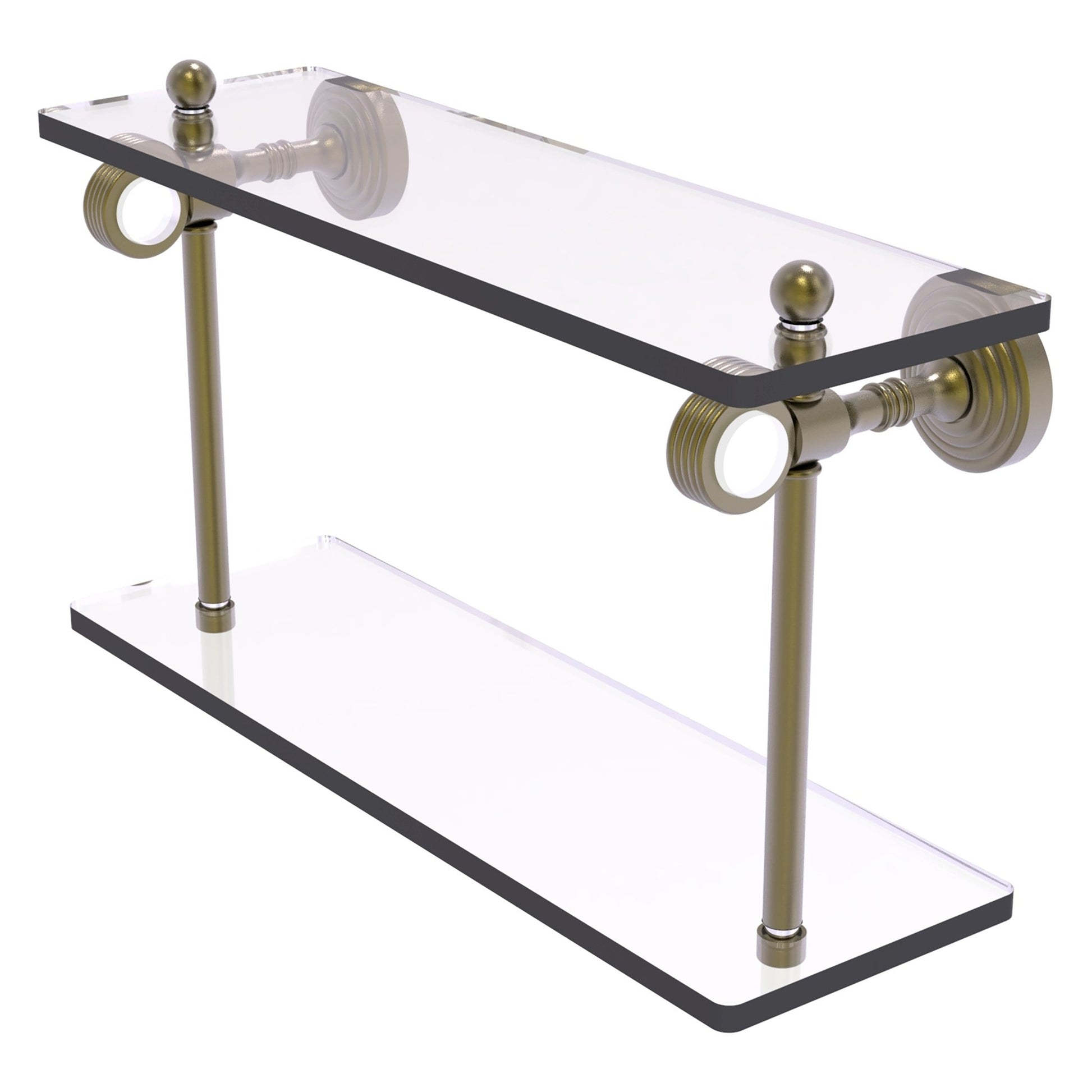 Allied Brass Pacific Grove 16" x 5.125" Antique Brass Solid Brass Two-Tiered Glass Shelf With Grooved Accents