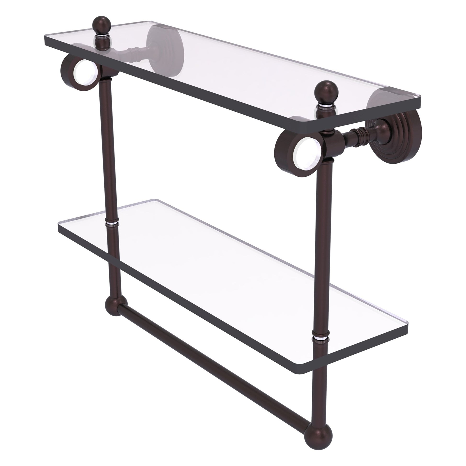 Allied Brass Pacific Grove 16" x 5.125" Antique Bronze Solid Brass Double Glass Shelf With Towel Bar