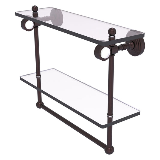 Allied Brass Pacific Grove 16" x 5.125" Antique Bronze Solid Brass Double Glass Shelf With Towel Bar