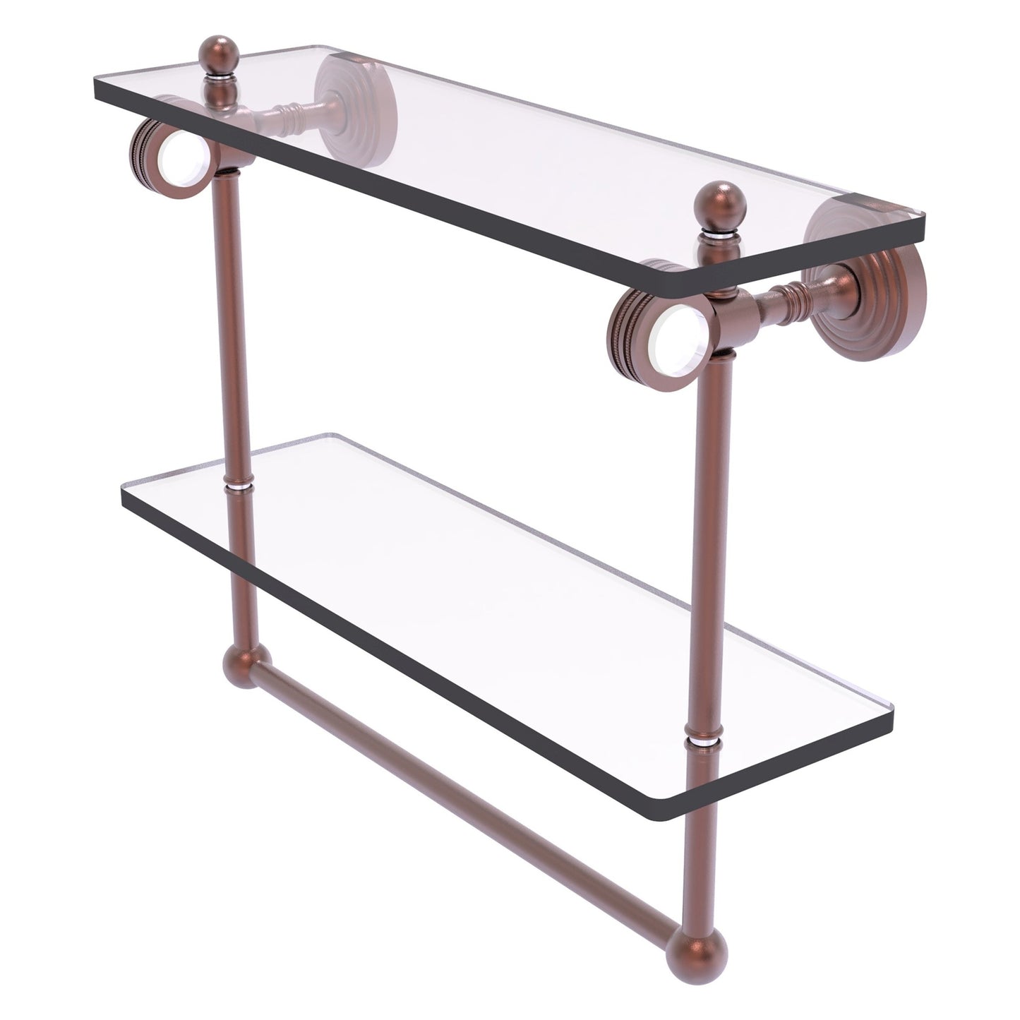 Allied Brass Pacific Grove 16" x 5.125" Antique Copper Solid Brass Double Glass Shelf With Towel Bar and Dotted Accents