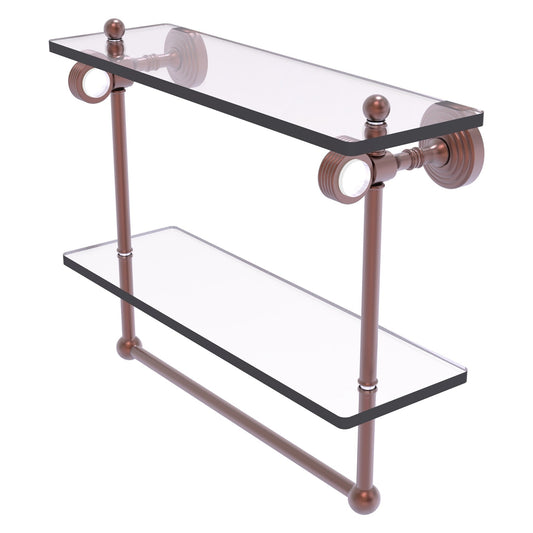 Allied Brass Pacific Grove 16" x 5.125" Antique Copper Solid Brass Double Glass Shelf With Towel Bar and Grooved Accents