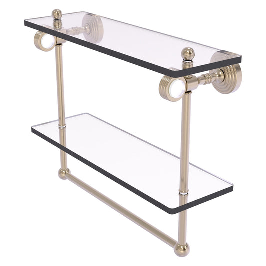 Allied Brass Pacific Grove 16" x 5.125" Antique Pewter Solid Brass Double Glass Shelf With Towel Bar and Grooved Accents