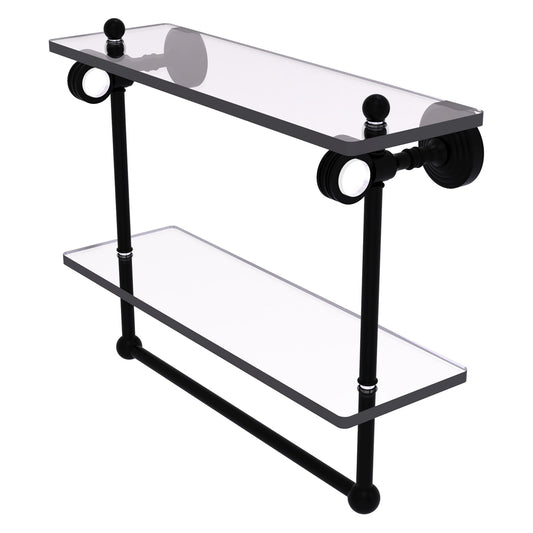 Allied Brass Pacific Grove 16" x 5.125" Matte Black Solid Brass Double Glass Shelf With Towel Bar and Dotted Accents