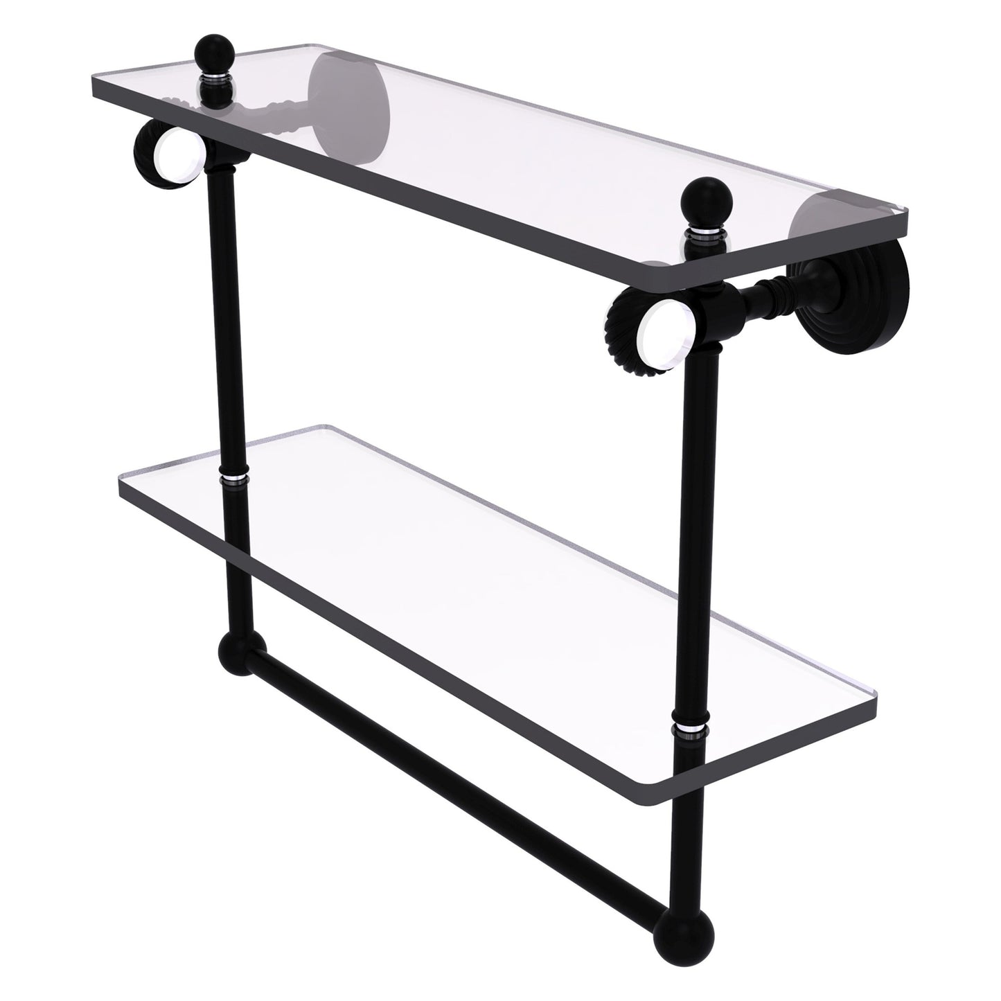 Allied Brass Pacific Grove 16" x 5.125" Matte Black Solid Brass Double Glass Shelf With Towel Bar and Twisted Accents